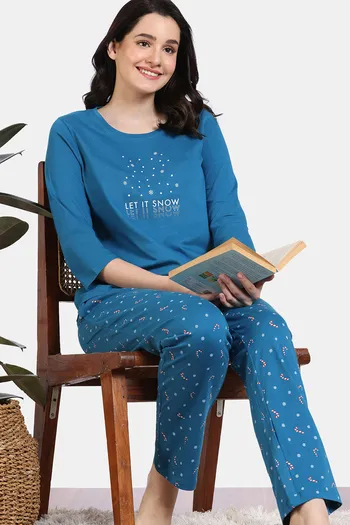 Buy Zivame Shades of Joy Knit Cotton Pyjama Set - High Tide